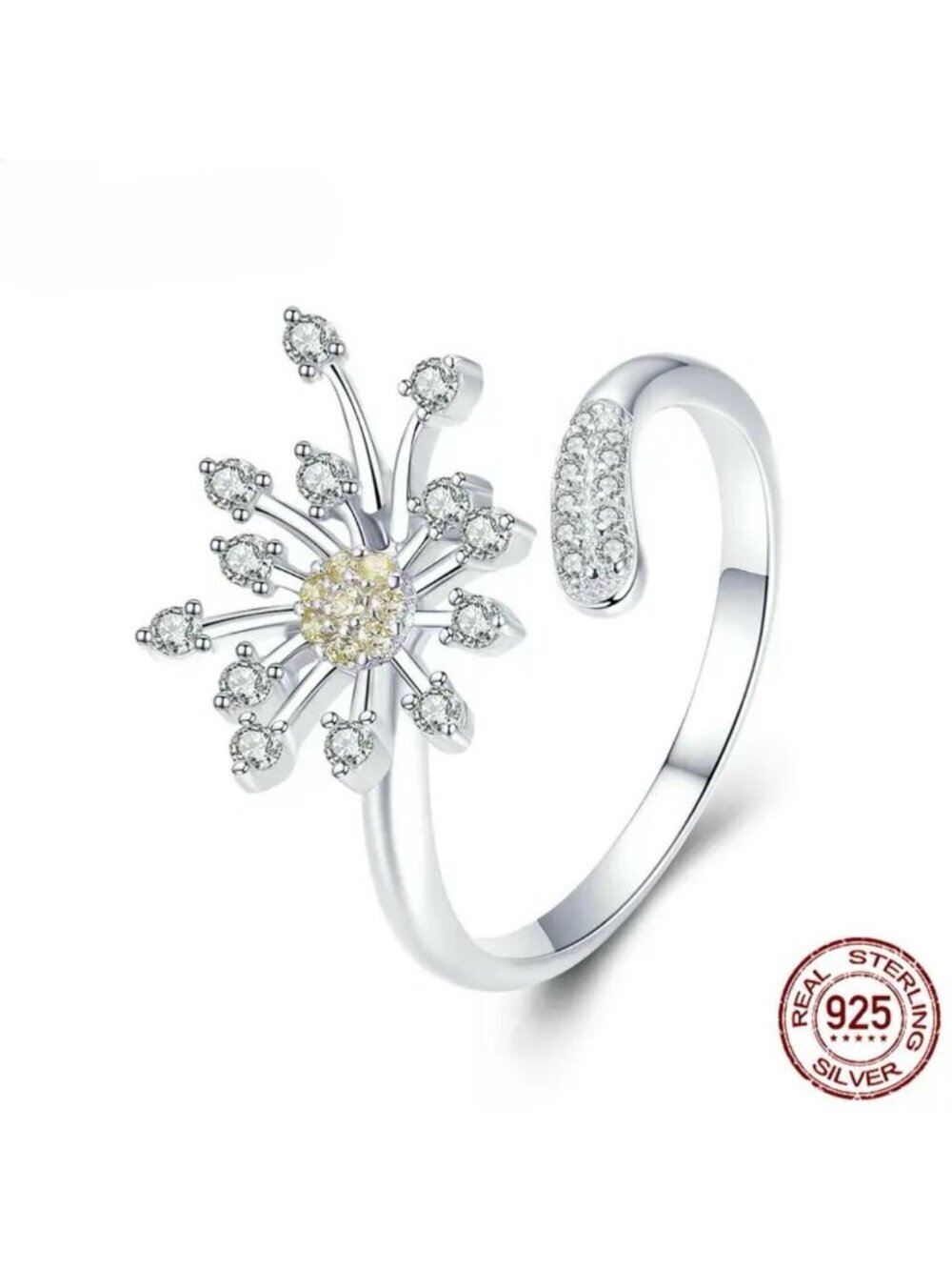 New Dainty Flower Ring CZ Platinum Over S925 Silver Dandelion Adjustable Open